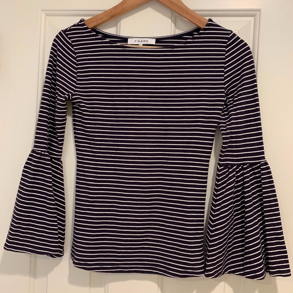 Frame bell sleeve boat neck navy stripe knit